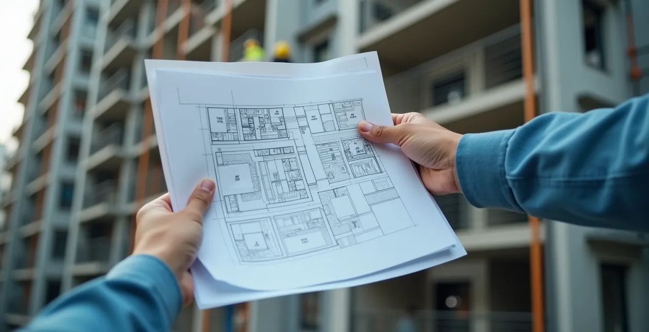 Main tenant un plan architectural avec en arrière-plan un immeuble en copropriété en rénovation