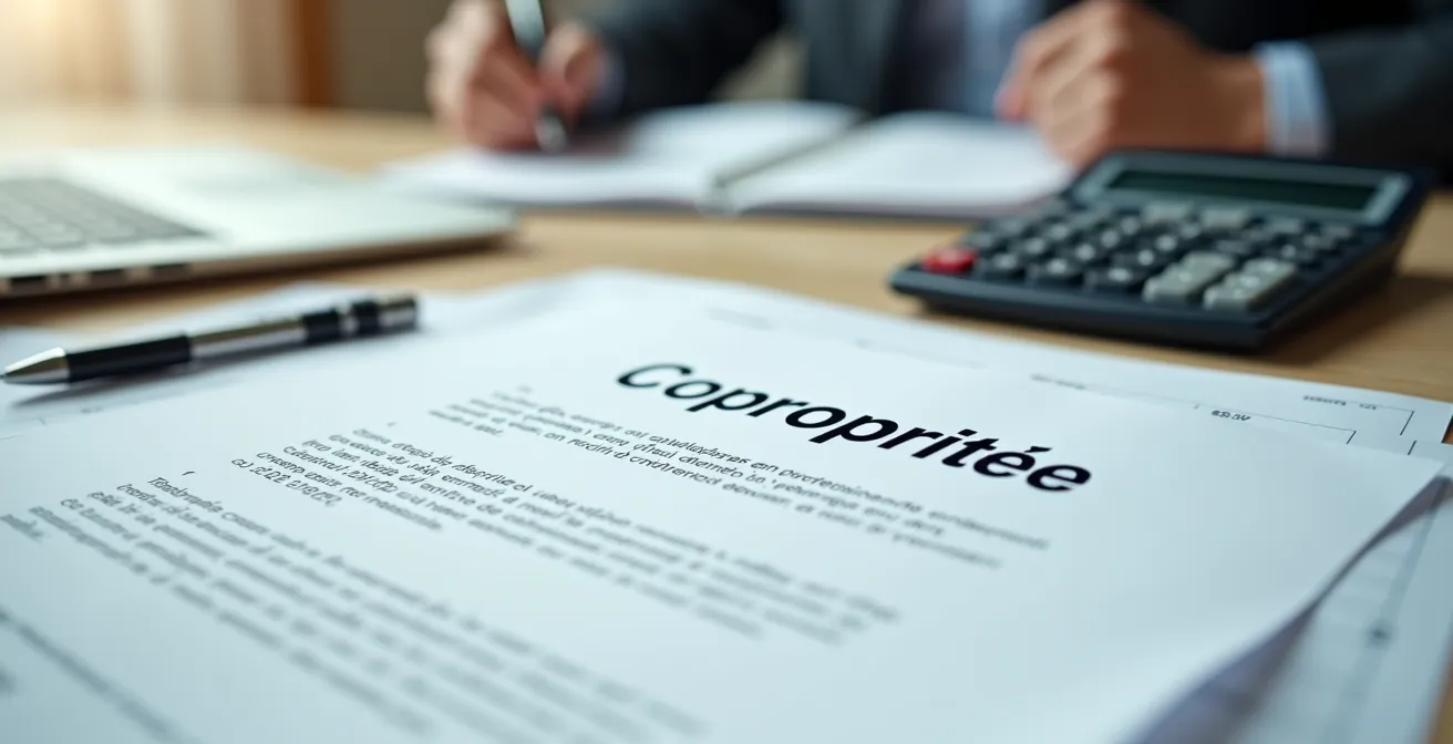 Plan rapproché sur un bureau avec un contrat et une calculatrice, des documents financiers en contexte copropriété