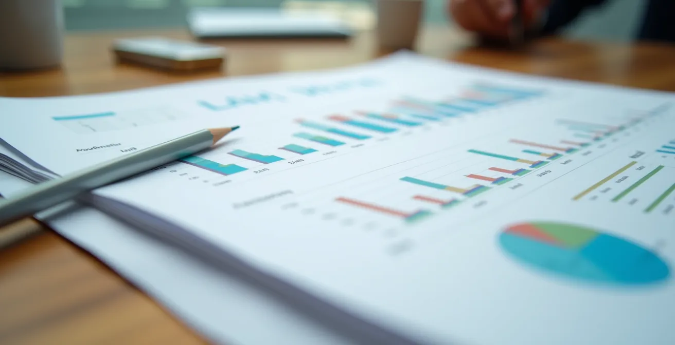 Document épais avec graphiques colorés et tableau de planification, posé sur une table avec un crayon