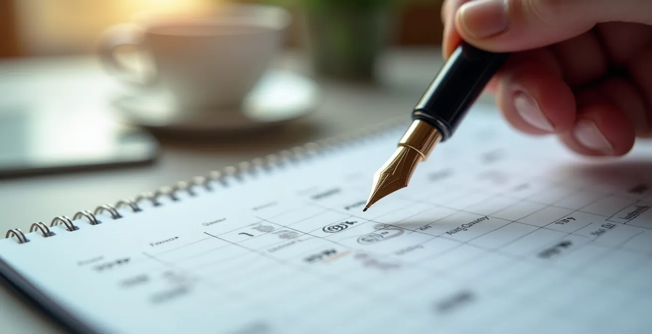 Main tenant un stylo au-dessus d'un calendrier avec dates entourées