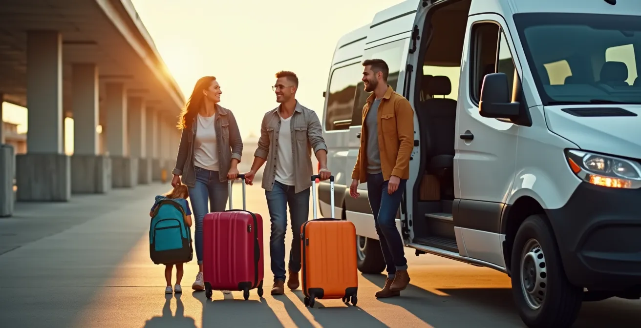 Famille avec enfants et bagages montant dans une navette d'aéroport