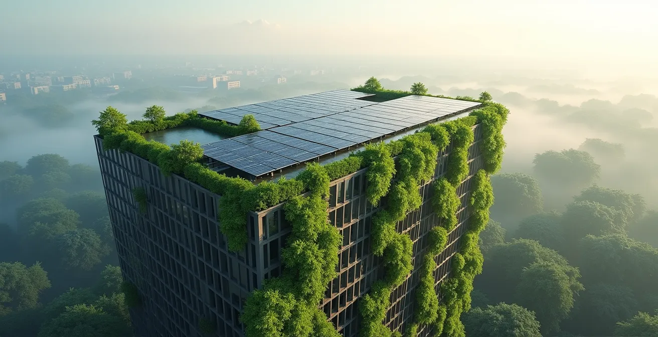 Bâtiment tertiaire performant avec végétalisation et panneaux solaires