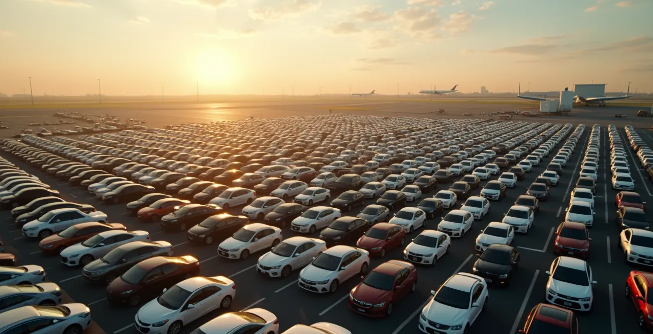 Vue aérienne d'un parking d'aéroport au lever du soleil avec rangées de voitures