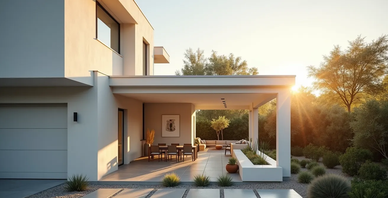 Vue architecturale d'une maison avec points stratégiques de surveillance