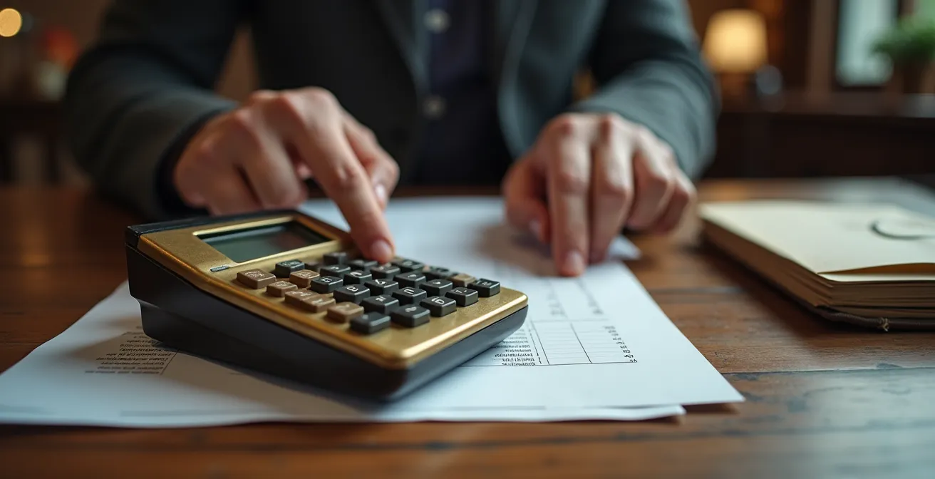 Mains analysant des documents financiers avec calculatrice sur bureau en bois