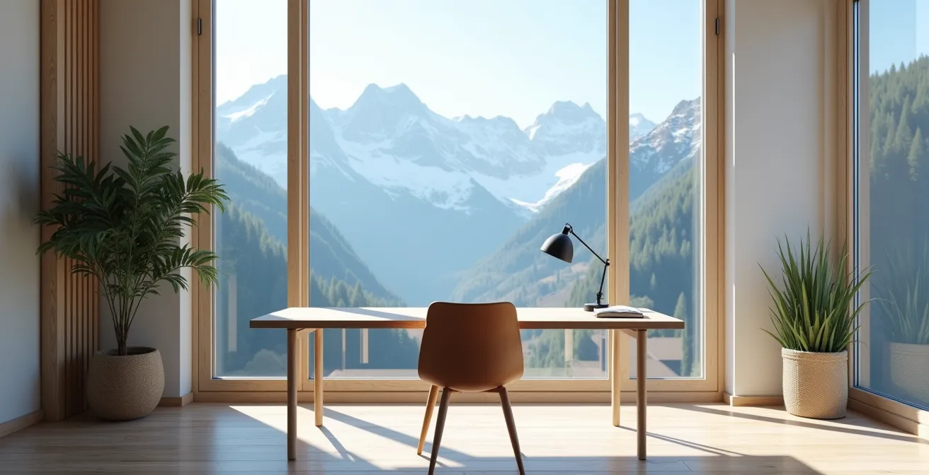 Bureau moderne aménagé à domicile avec vue sur les montagnes alpines