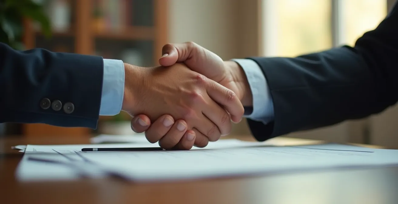 Poignée de main professionnelle lors de la signature d'un bail, vue rapprochée
