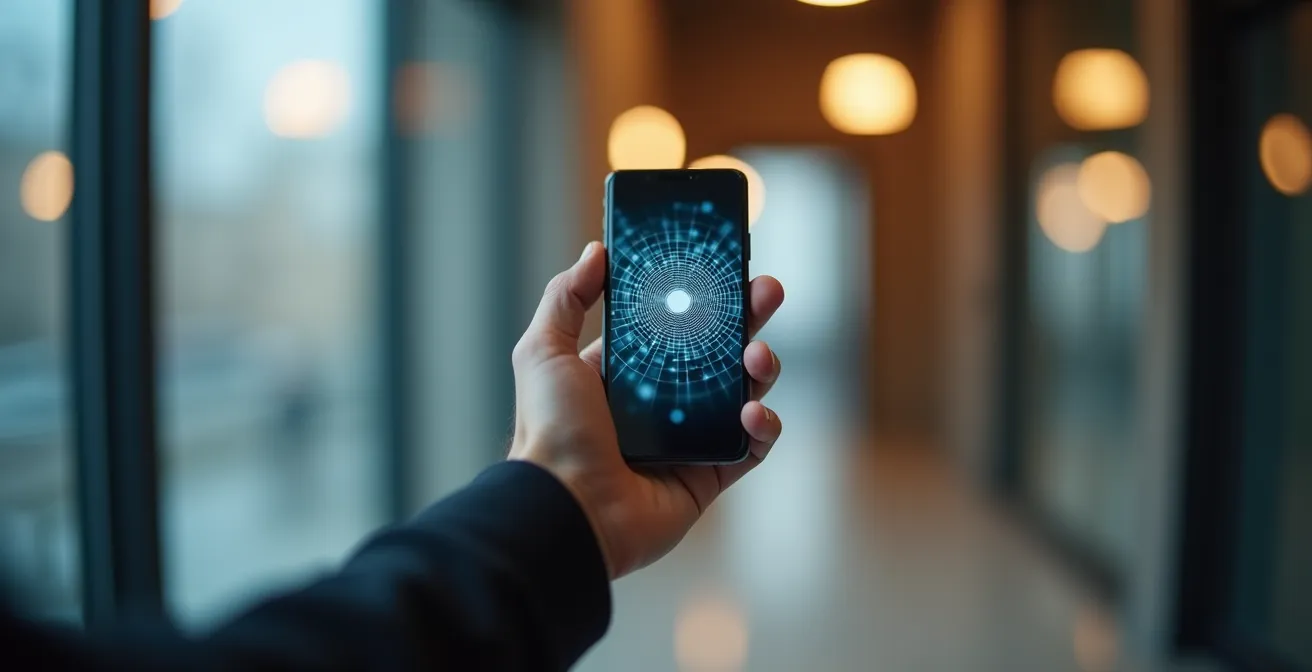Main tenant un smartphone avec signal WiFi dans un couloir moderne