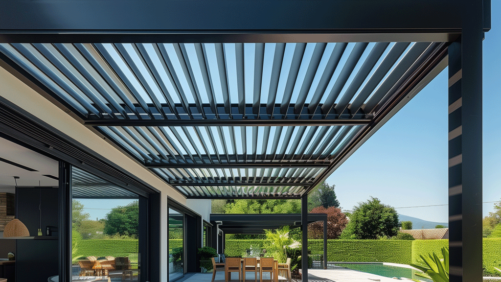 Lames orientables aluminium pergola bioclimatique filtrant la lumière du soleil