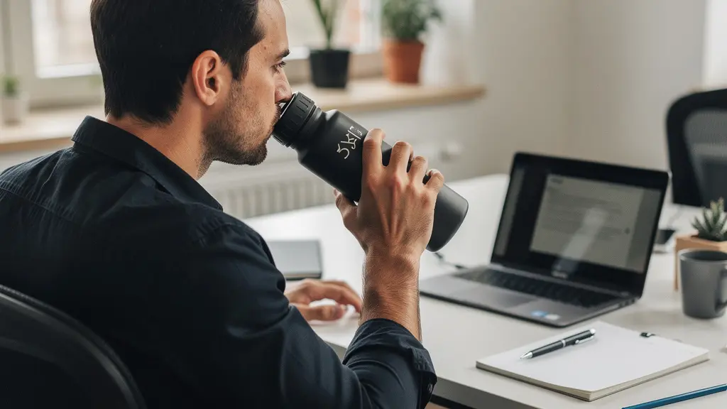 Professionnelle utilisant une gourde personnalisée à son poste de travail (goodies entreprise)