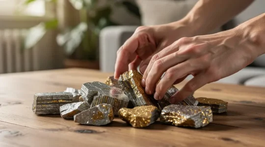 Pierres de mica aux reflets dorés et argentés sur surface en bois naturel