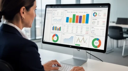 Directrice financière analysant son tableau de bord de trésorerie (automatisation recouvrement) sur écran