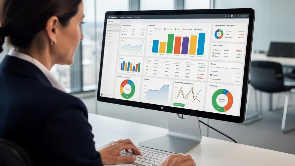 Directrice financière analysant son tableau de bord de trésorerie (automatisation recouvrement) sur écran