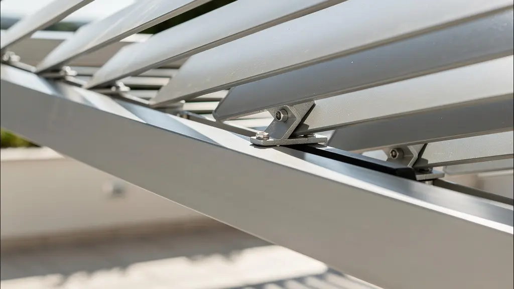 Lames orientables aluminium pergola bioclimatique filtrant la lumière du soleil