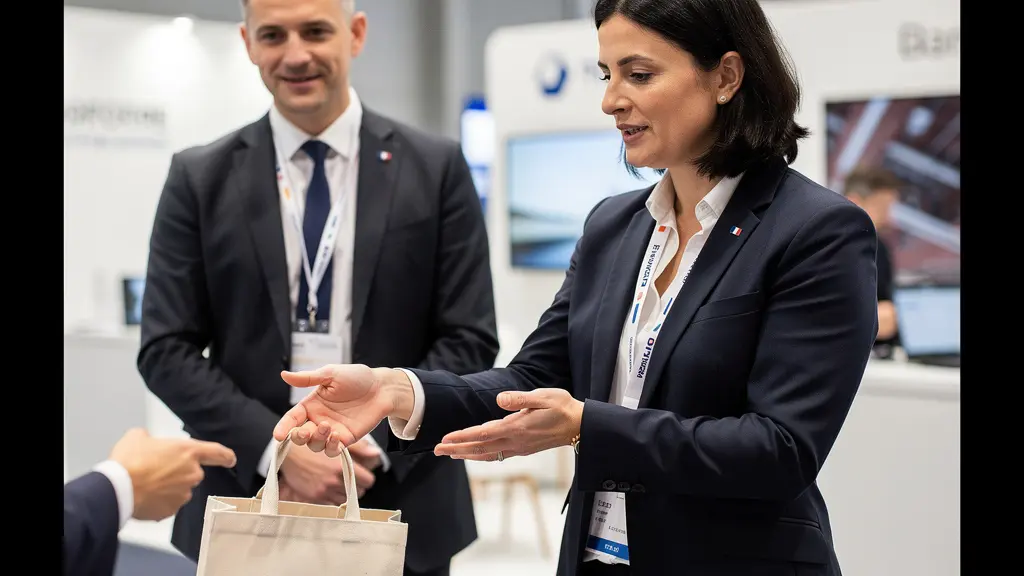 Échange d'un tote bag personnalisé entre exposant et visiteur lors d'un salon (distribution objets publicitaires)