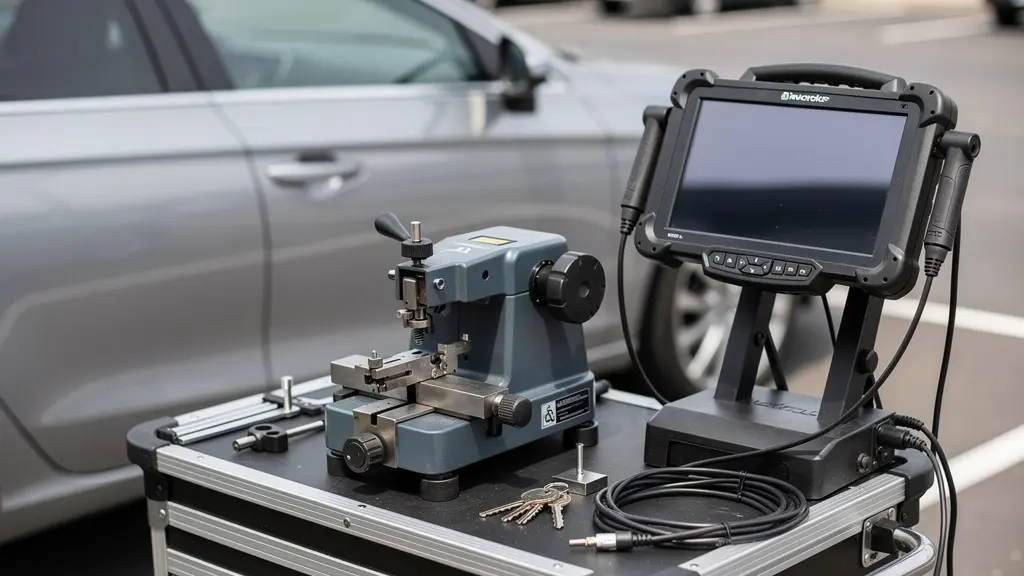 Équipement professionnel de serrurerie automobile déployé près d'une voiture pour reproduction de clé