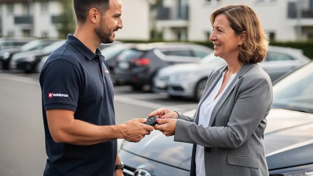 Technicien serrurier remettant une nouvelle clé automobile à une cliente satisfaite