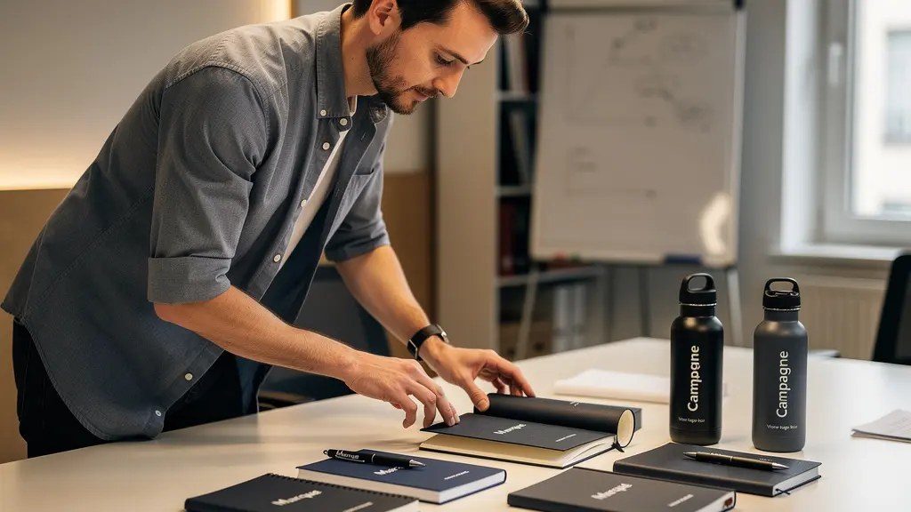 Responsable marketing évaluant des échantillons d'objets publicitaires (choix goodies)