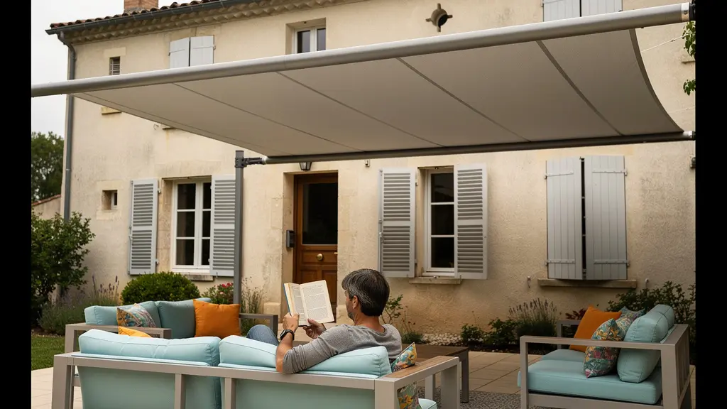 Store banne coffre intégral déployé sur terrasse avec mobilier de jardin