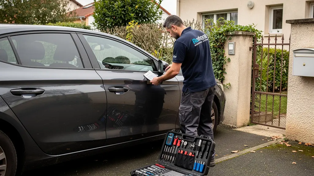 Technicien serrurier automobile intervenant sur une voiture dans une allée résidentielle française