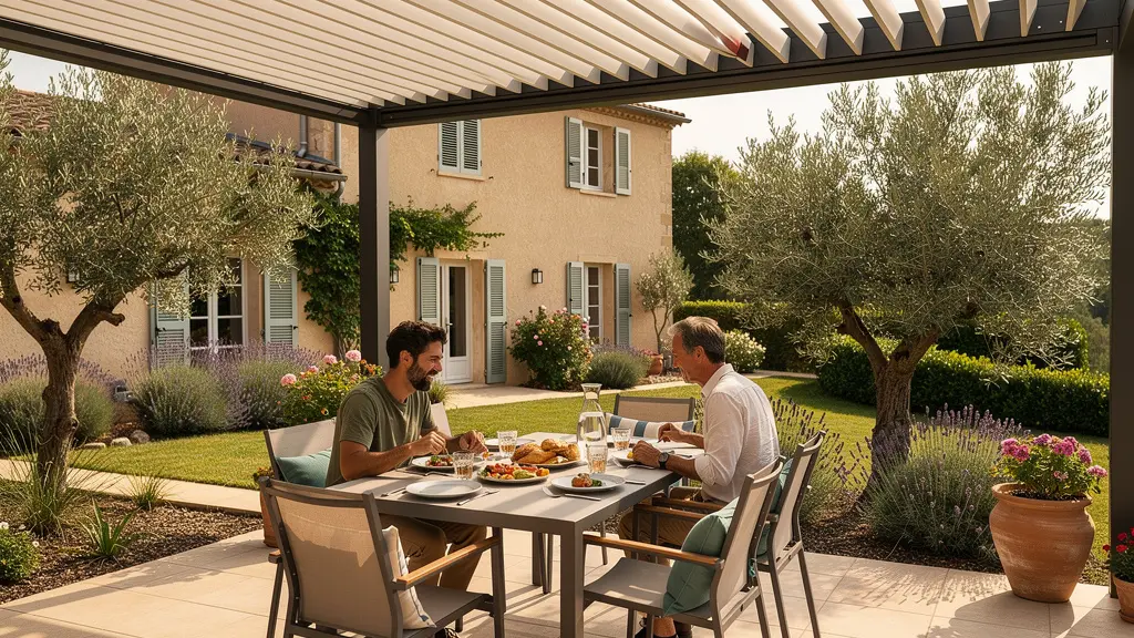 Famille déjeunant sous une pergola bioclimatique sur terrasse méditerranéenne