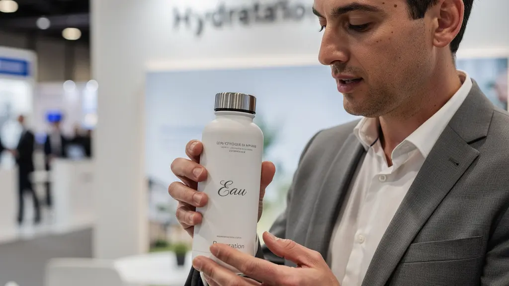 Professionnel examinant une gourde personnalisée sur un stand de salon (objets publicitaires)