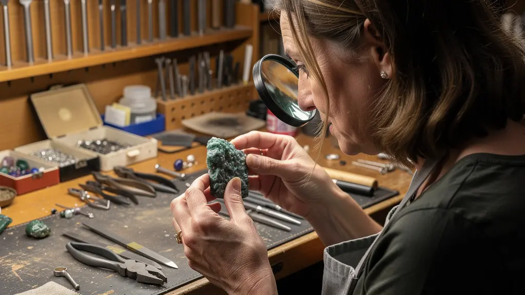 Artisan bijoutier examinant une pièce de gorgone à la loupe