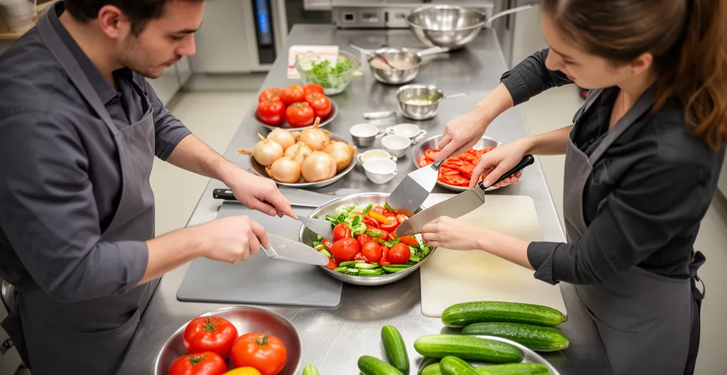 Activité collective de cohésion d'équipe en atelier cuisine