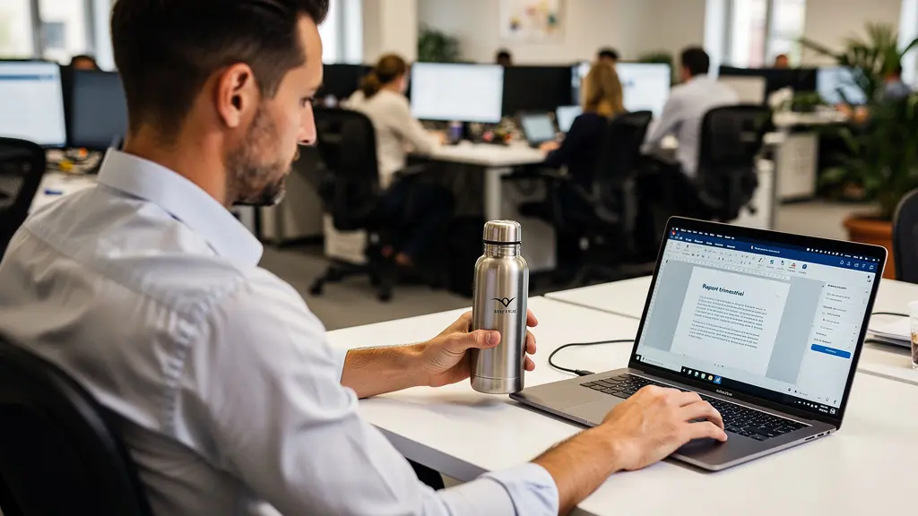 Collaborateur utilisant une gourde personnalisée à son poste de travail