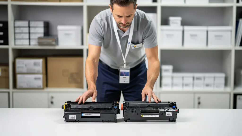 Technicien examinant un toner laser et une cartouche jet d'encre côte à côte