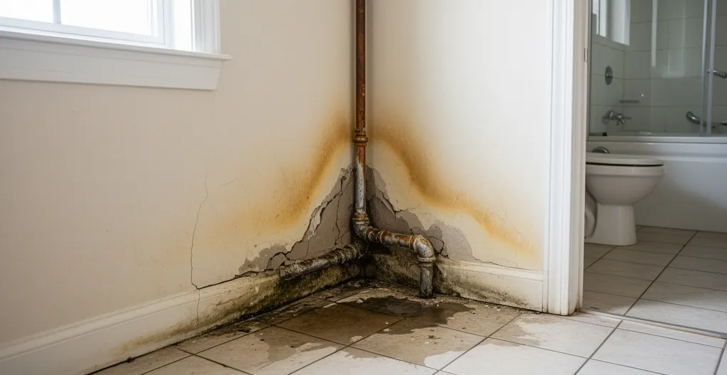 Traces d'humidité et dégât des eaux sur un mur près d'une canalisation de salle de bain