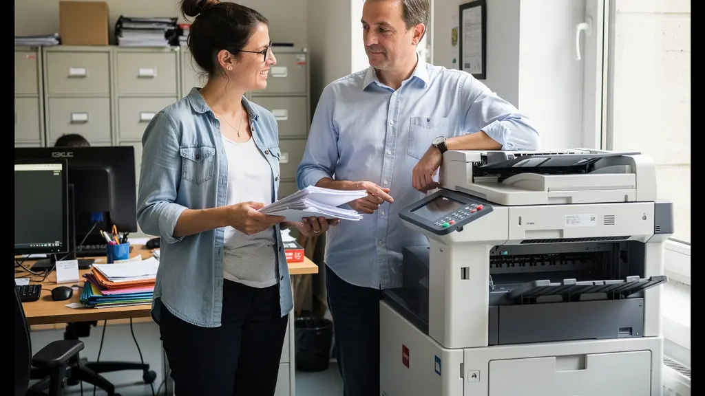 Deux collaborateurs discutant près d'une imprimante multifonction dans un bureau de PME