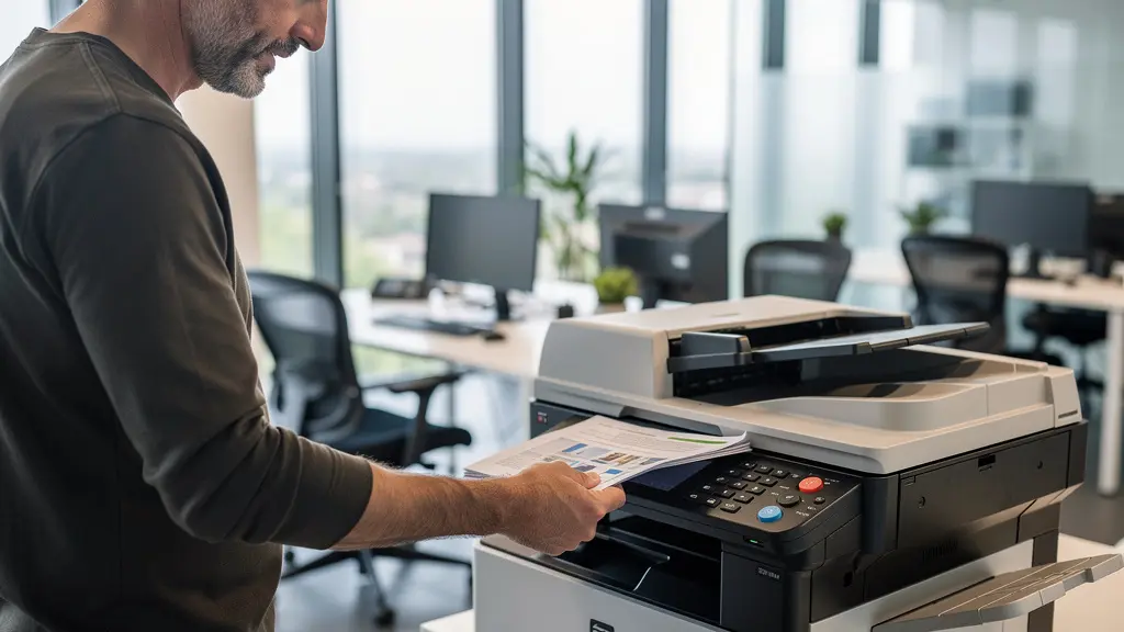 Employé récupérant des documents imprimés sur un multifonction professionnel dans un bureau PME