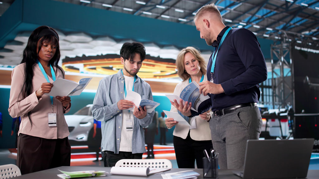 Stand d'entreprise sur salon professionnel avec distribution d'objets publicitaires