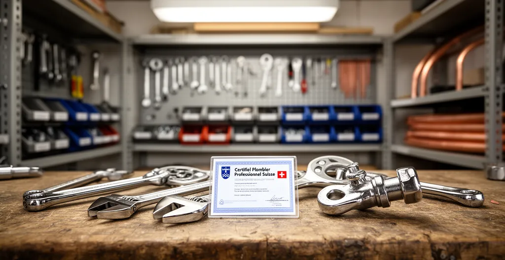 Outils professionnels de plomberie et badge de certification CFC sur établi