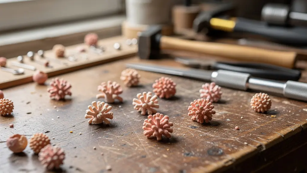Perles de gorgone aux teintes rosées sur établi de bijoutier artisanal