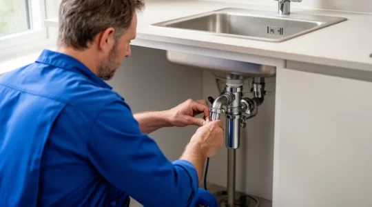 Plombier certifié CFC inspectant les canalisations sous un évier de cuisine suisse