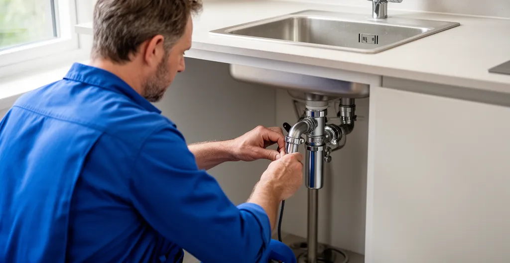 Plombier certifié CFC inspectant les canalisations sous un évier de cuisine suisse