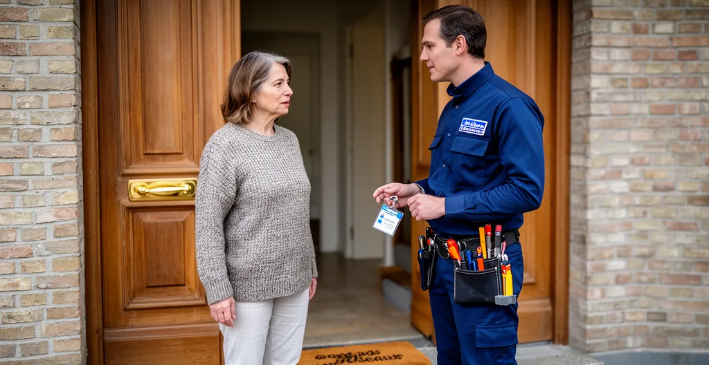 Propriétaire vérifiant la carte professionnelle d'un plombier à l'entrée de son domicile