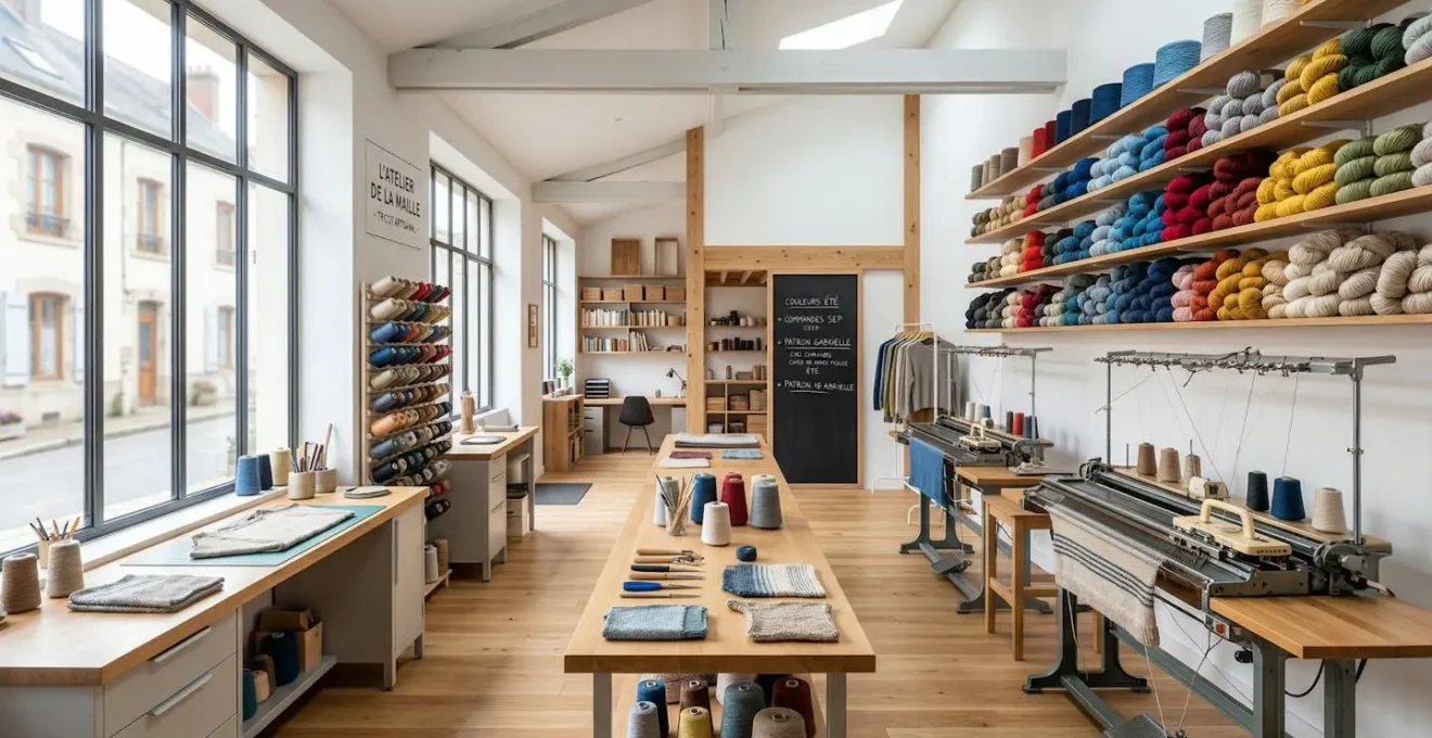 Intérieur d'un atelier de tricotage artisanal français avec machines à tricoter et fils de laine colorés, ambiance lumineuse et contemporaine