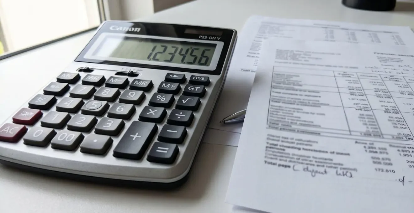 Gros plan sur une calculatrice moderne posée à côté de documents financiers sur un bureau blanc épuré avec lumière naturelle