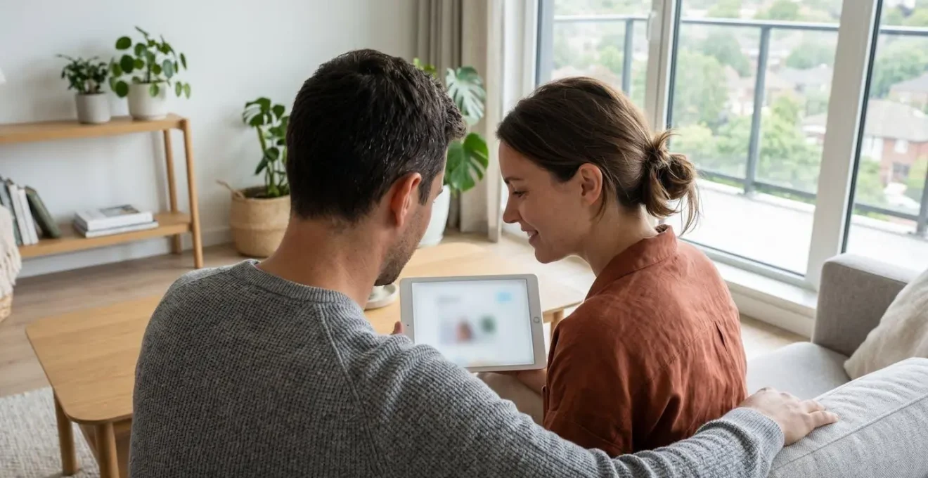 Un couple vu de dos consulte ensemble une simulation de financement automobile sur une tablette posée sur une table basse dans un salon moderne lumineux