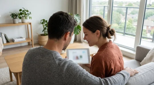 Un couple vu de dos consulte ensemble une simulation de financement automobile sur une tablette posée sur une table basse dans un salon moderne lumineux
