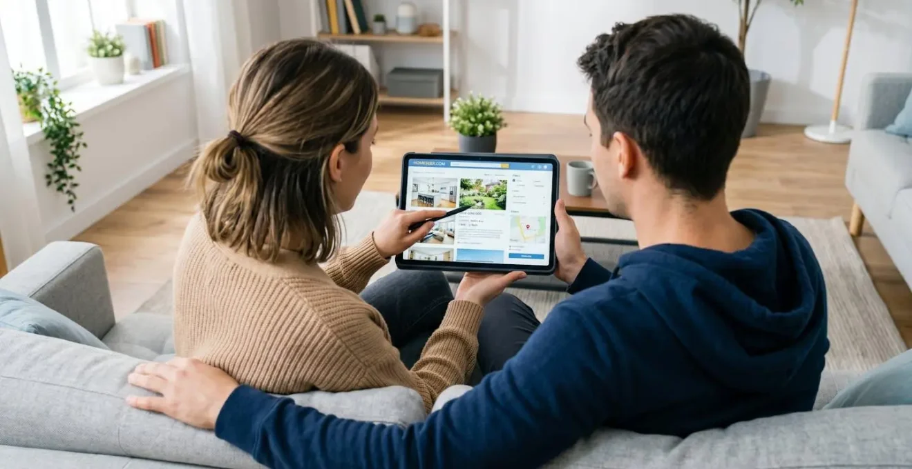 Un couple consulte ensemble des données immobilières sur une tablette dans un salon lumineux