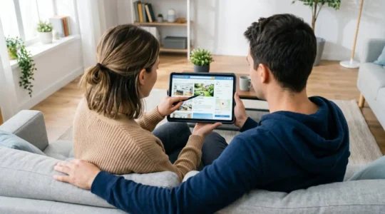 Un couple consulte ensemble des données immobilières sur une tablette dans un salon lumineux