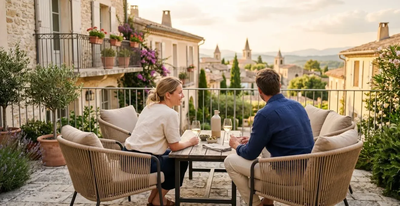 Un couple vu de dos partage un moment convivial sur une terrasse contemporaine aménagée avec un salon de jardin élégant, baigné par la lumière dorée de fin d'après-midi