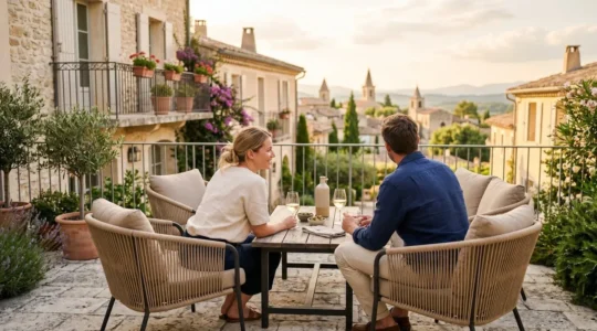 Un couple vu de dos partage un moment convivial sur une terrasse contemporaine aménagée avec un salon de jardin élégant, baigné par la lumière dorée de fin d'après-midi