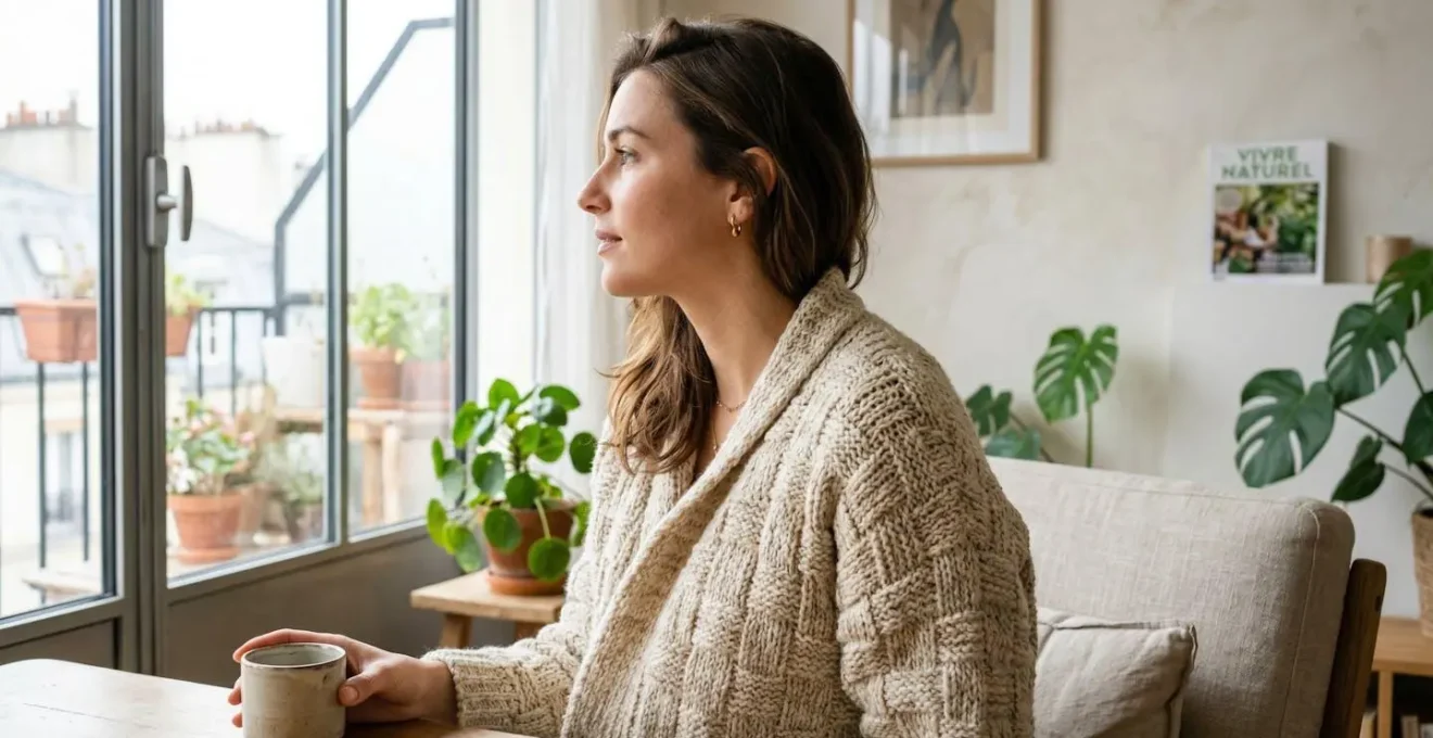 Femme vue de profil portant une veste tricotée élégante dans un intérieur contemporain lumineux, focus sur la ligne d'épaule et le drapé naturel de la maille