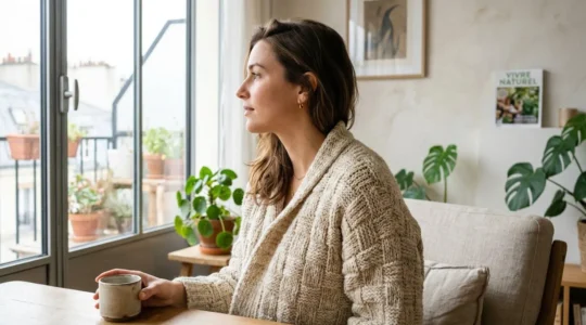 Femme vue de profil portant une veste tricotée élégante dans un intérieur contemporain lumineux, focus sur la ligne d'épaule et le drapé naturel de la maille