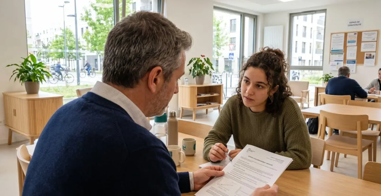 Un jeune alternant et son tuteur professionnel échangent en regardant un document dans un établissement social contemporain, discussion naturelle sans pose